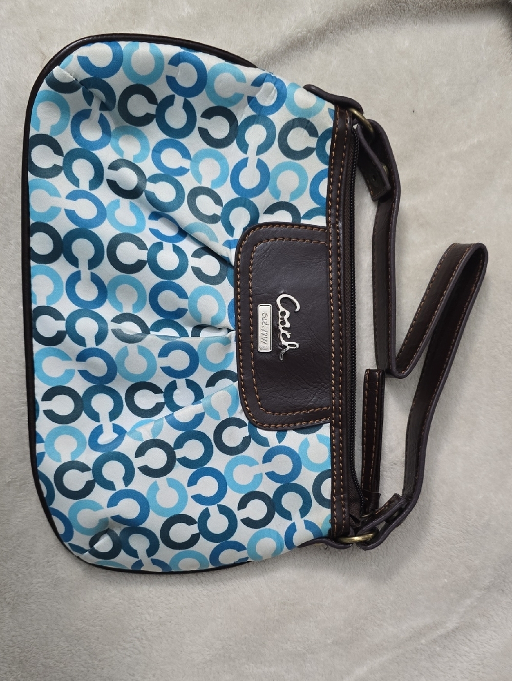 Coach Blue Multi Signature C Print Wristlet with Brown Trim